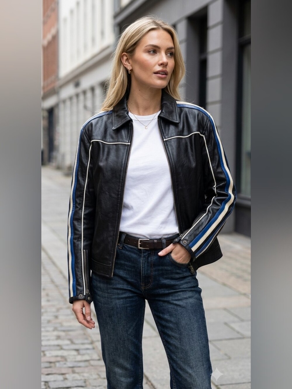 Black Real Leather Moto Jacket  With White And Blue